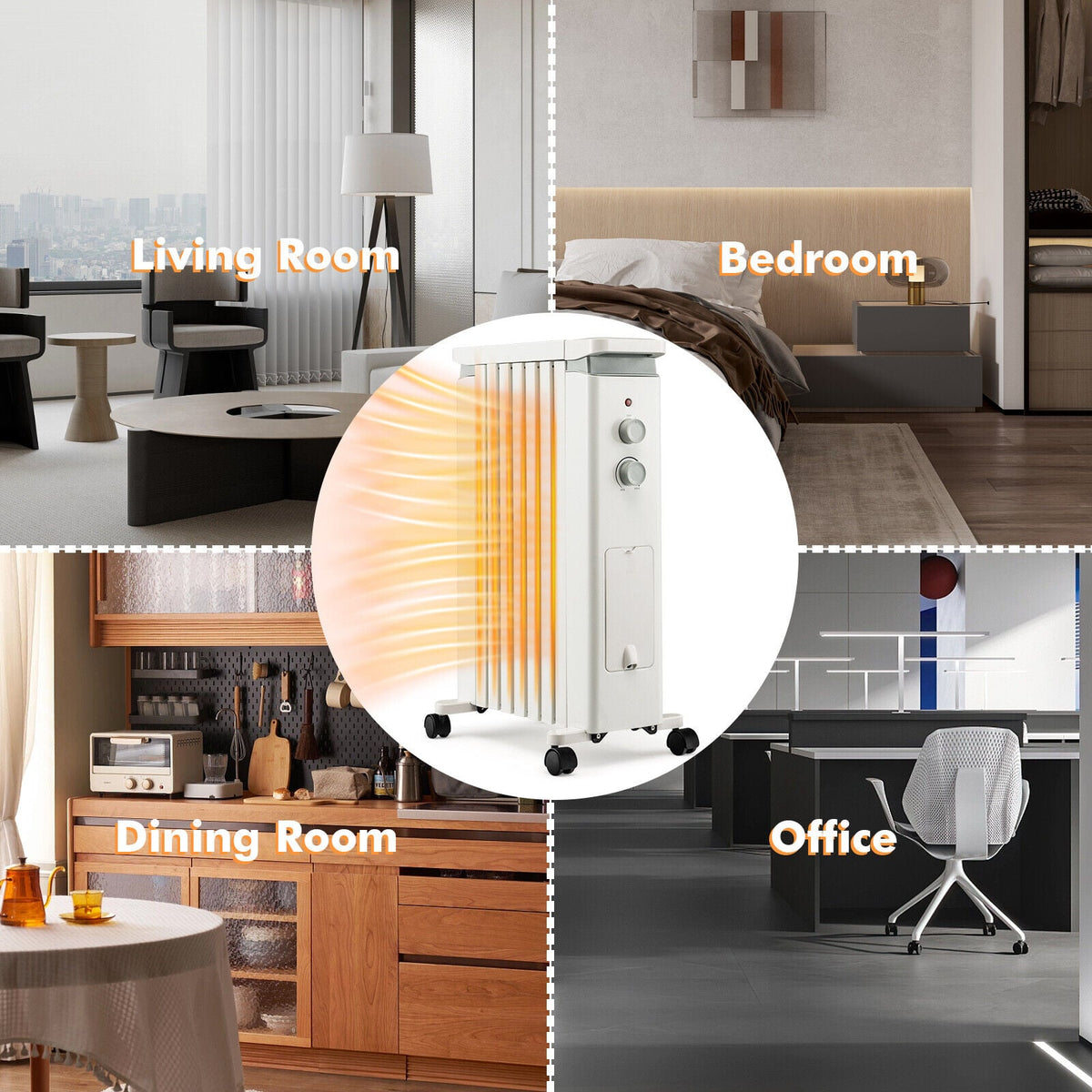 1500W Portable Oil Filled Radiator Heater with 3 Heat Settings-White-Space Heaters-DECOROLALA