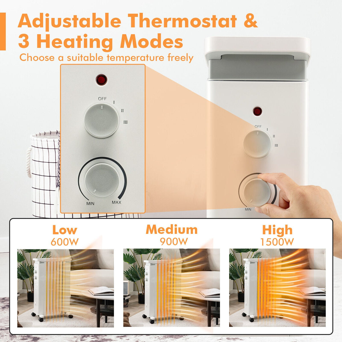 1500W Portable Oil Filled Radiator Heater with 3 Heat Settings-White-Space Heaters-DECOROLALA