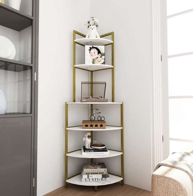 6-Tier Corner Open Shelf Modern Bookcase Wood Rack Freestanding