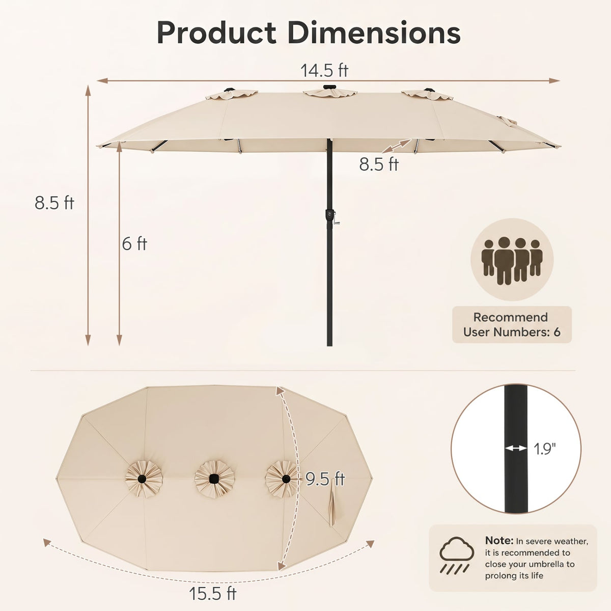 15.5FT Extra-Large Patio Umbrella 12 Reinforced Metal Ribs-Beige-Outdoor Umbrellas-DECOROLALA
