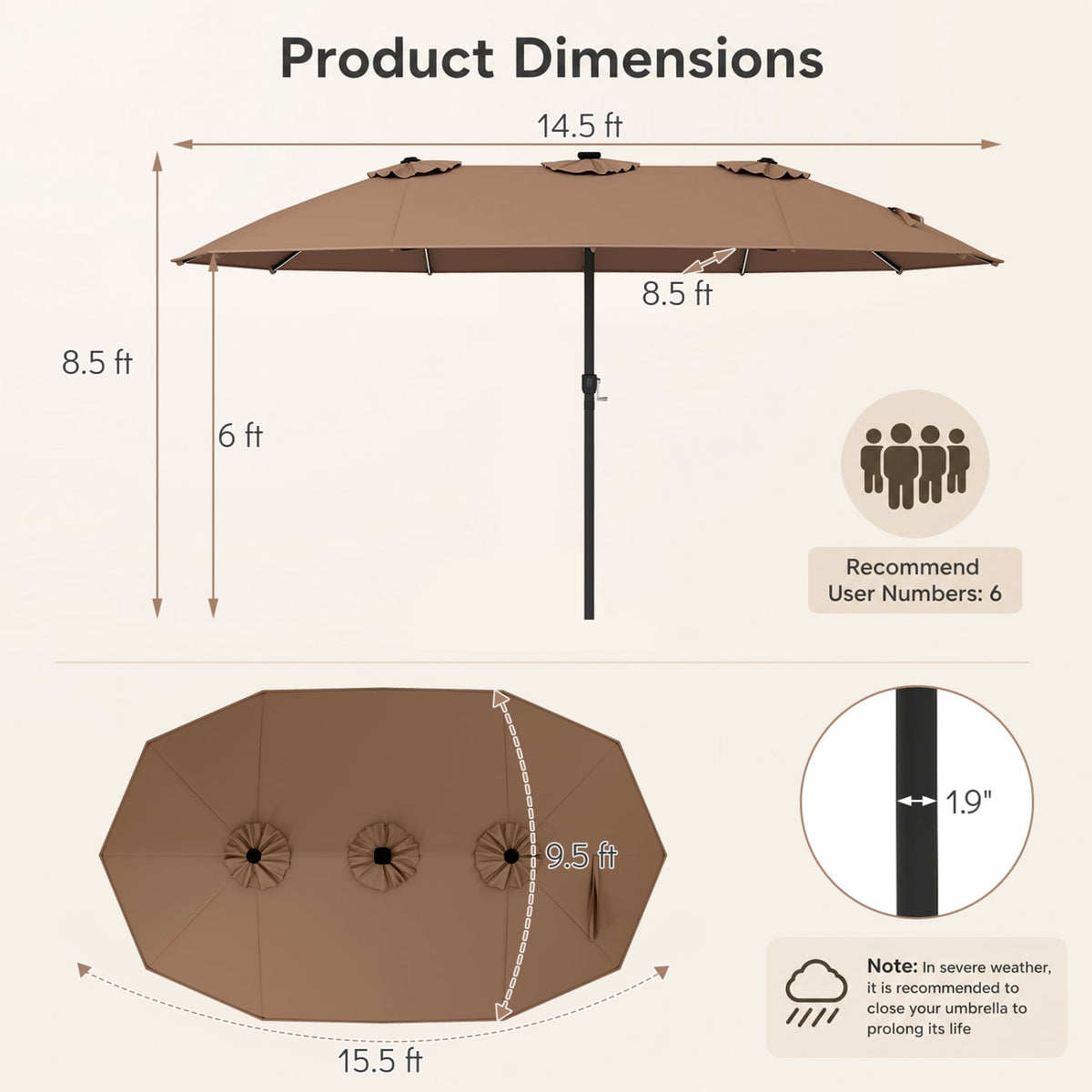 15.5FT Extra-Large Patio Umbrella 12 Reinforced Metal Ribs-Brown-Outdoor Umbrellas-DECOROLALA