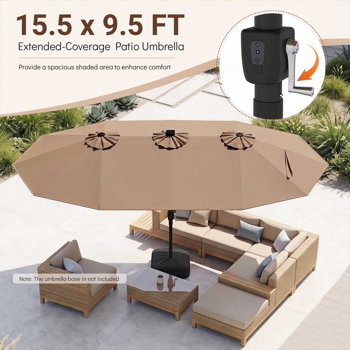 15.5FT Extra-Large Patio Umbrella 12 Reinforced Metal Ribs-Brown-Outdoor Umbrellas-DECOROLALA