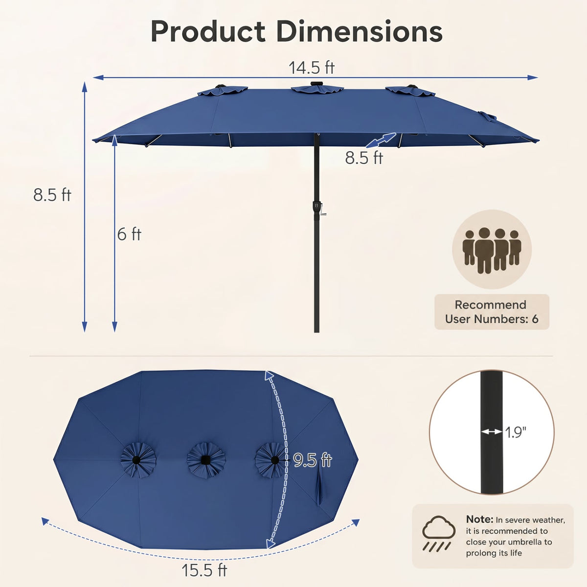 15.5FT Extra-Large Patio Umbrella 12 Reinforced Metal Ribs-Navy-Outdoor Umbrellas-DECOROLALA