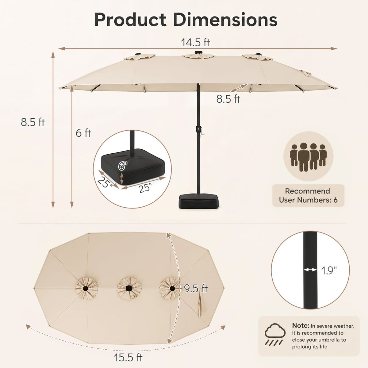 15.5FT Extra-Large Patio Umbrella with Base 12 Reinforced Ribs-Beige-Outdoor Umbrellas-DECOROLALA