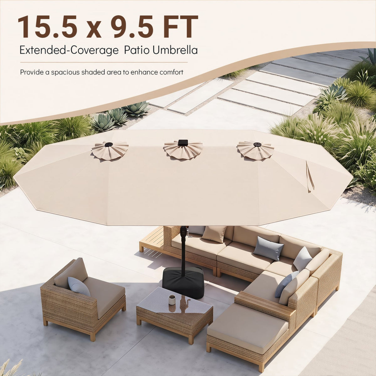 15.5FT Extra-Large Patio Umbrella with Base 12 Reinforced Ribs-Beige-Outdoor Umbrellas-DECOROLALA