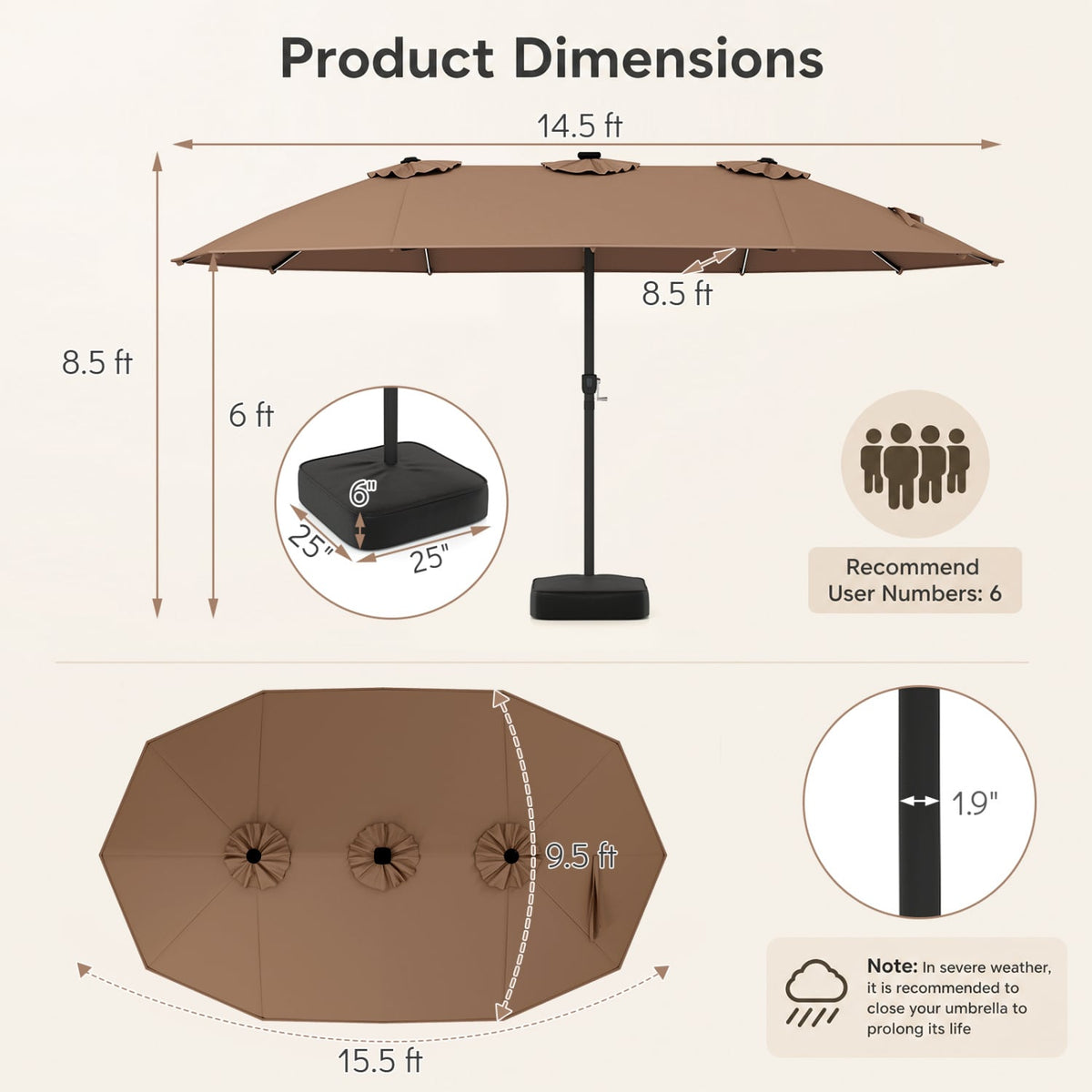 15.5FT Extra-Large Patio Umbrella with Base 12 Reinforced Ribs-Brown-Outdoor Umbrellas-DECOROLALA