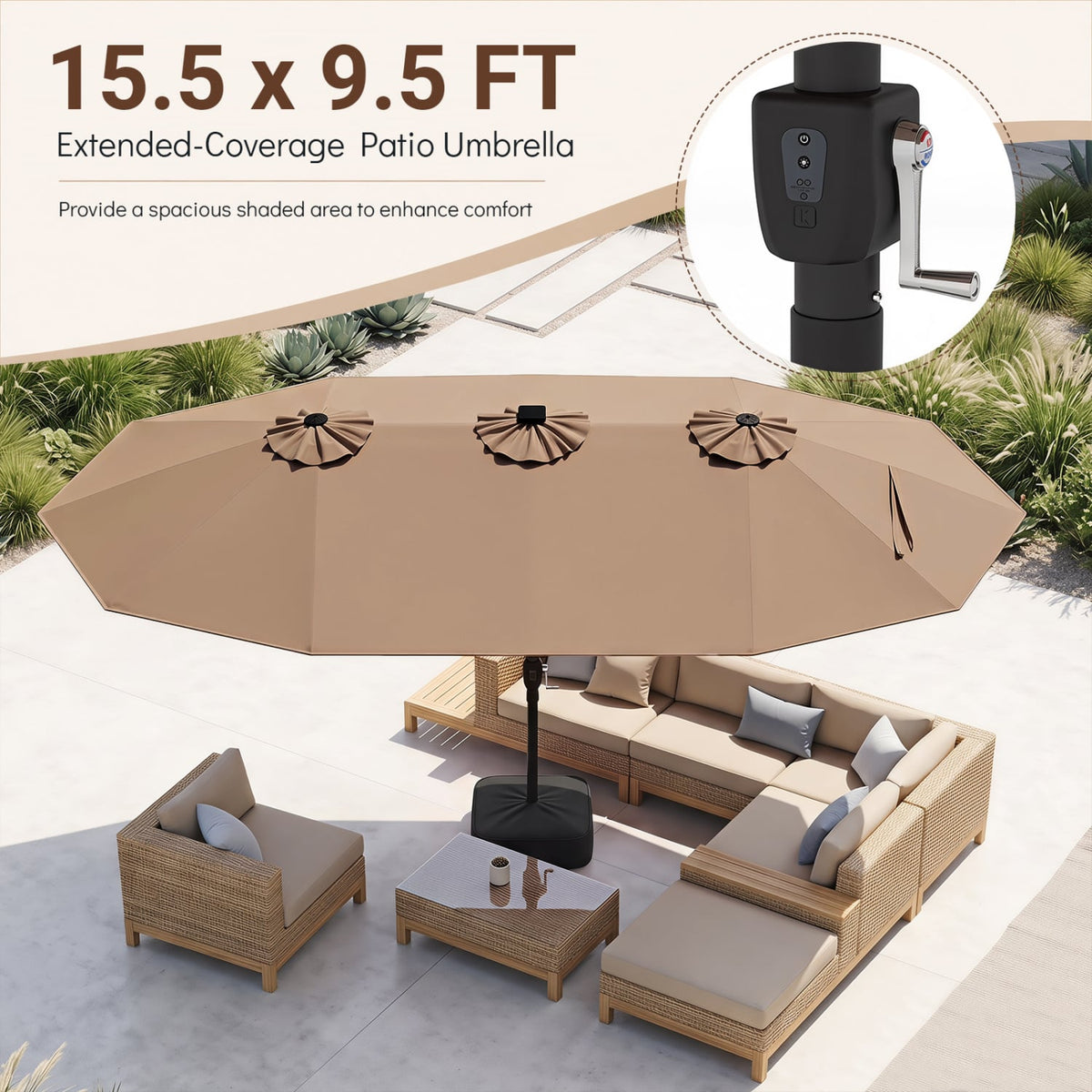 15.5FT Extra-Large Patio Umbrella with Base 12 Reinforced Ribs-Brown-Outdoor Umbrellas-DECOROLALA