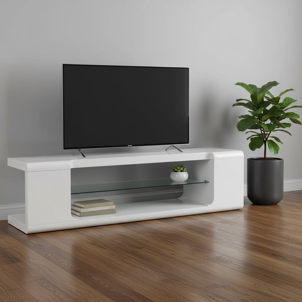 15.75" X 59" X 15.75" White Clear Hollow Core Tempered Glass TV Stand-TV Stands-DECOROLALA