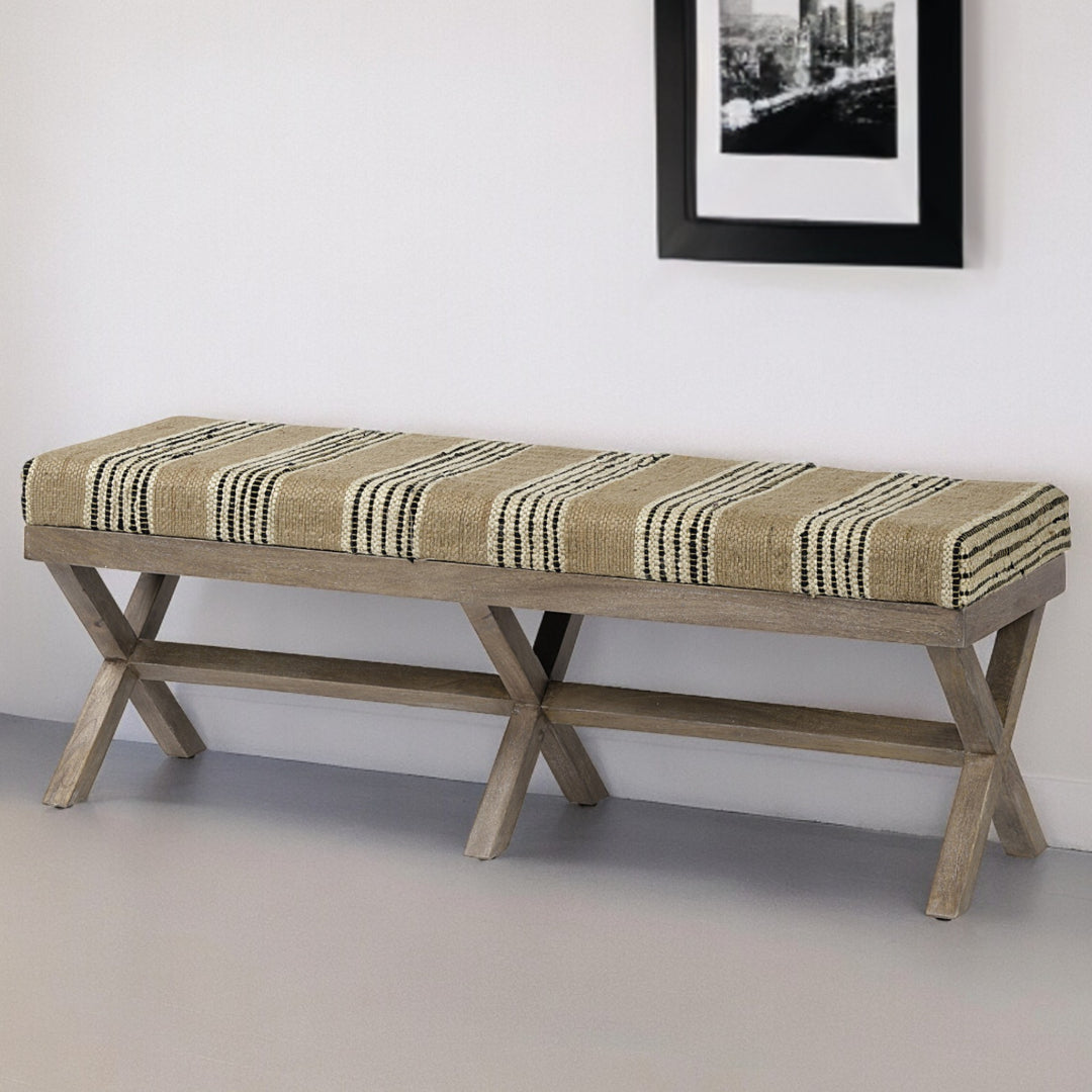 16" Beige And Brown Upholstered Cotton Blend Bench-Benches-DECOROLALA