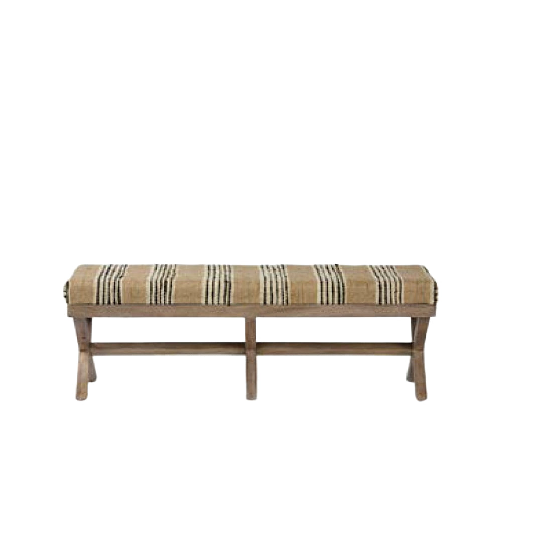 16" Beige And Brown Upholstered Cotton Blend Bench-Benches-DECOROLALA
