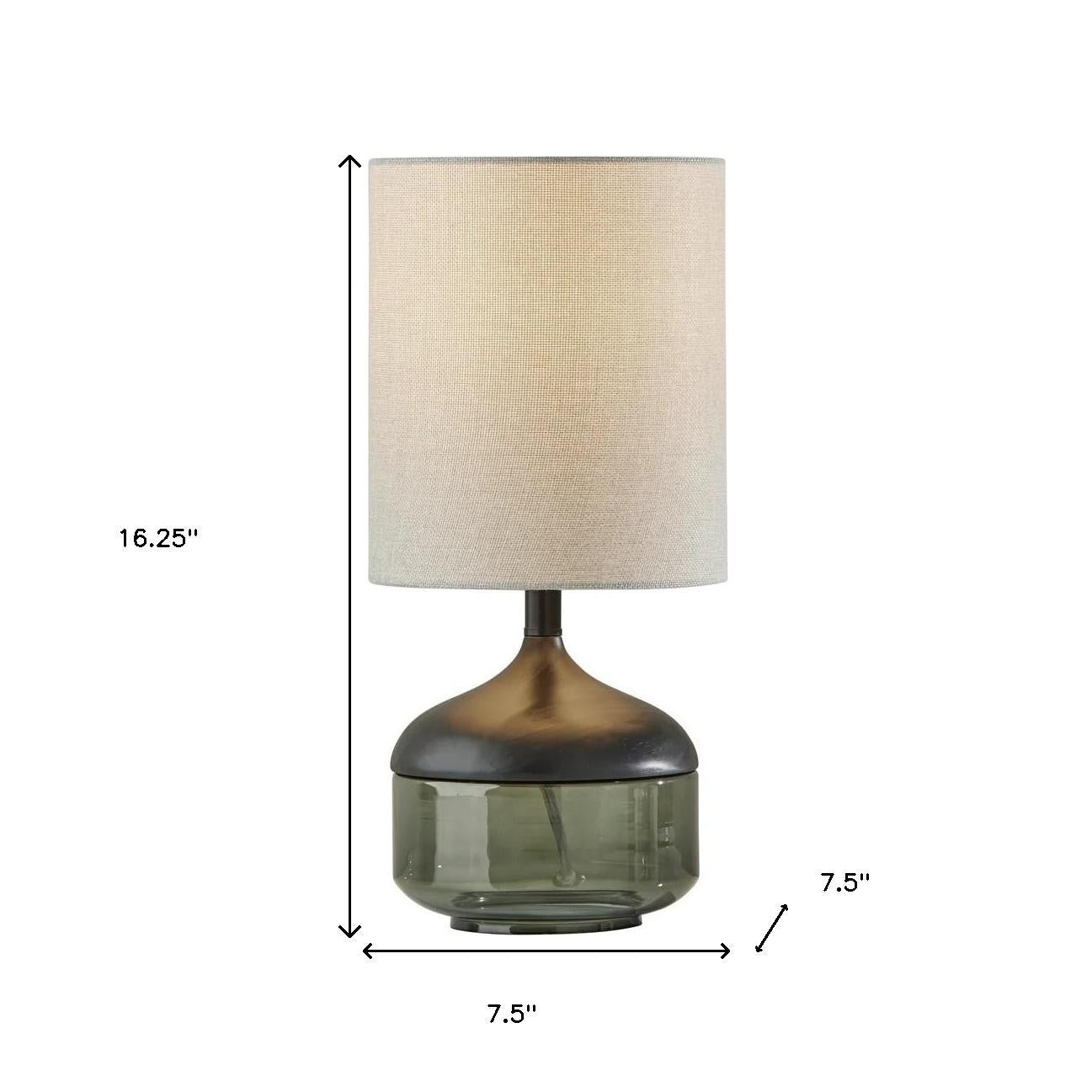 16" Black And Dark Green Wood And Smoked Glass Table Lamp With Beige Drum Shade-Table Lamps-DECOROLALA