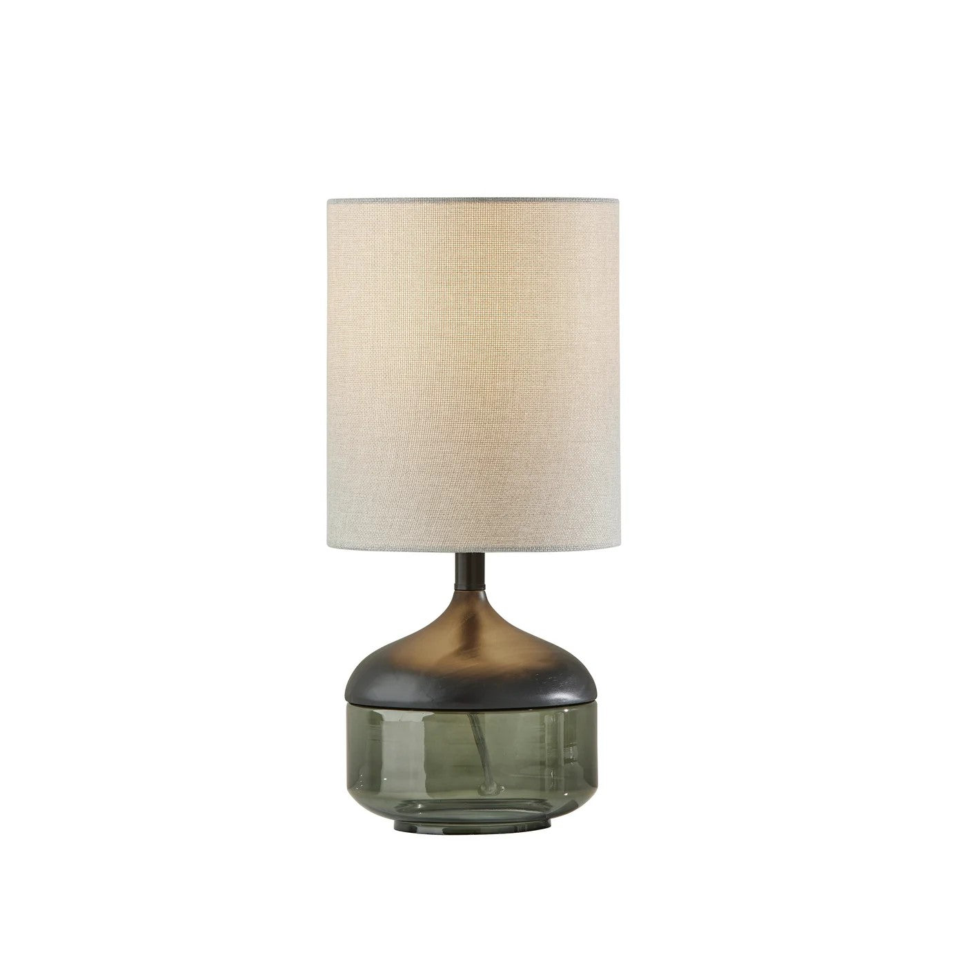 16" Black And Dark Green Wood And Smoked Glass Table Lamp With Beige Drum Shade-Table Lamps-DECOROLALA