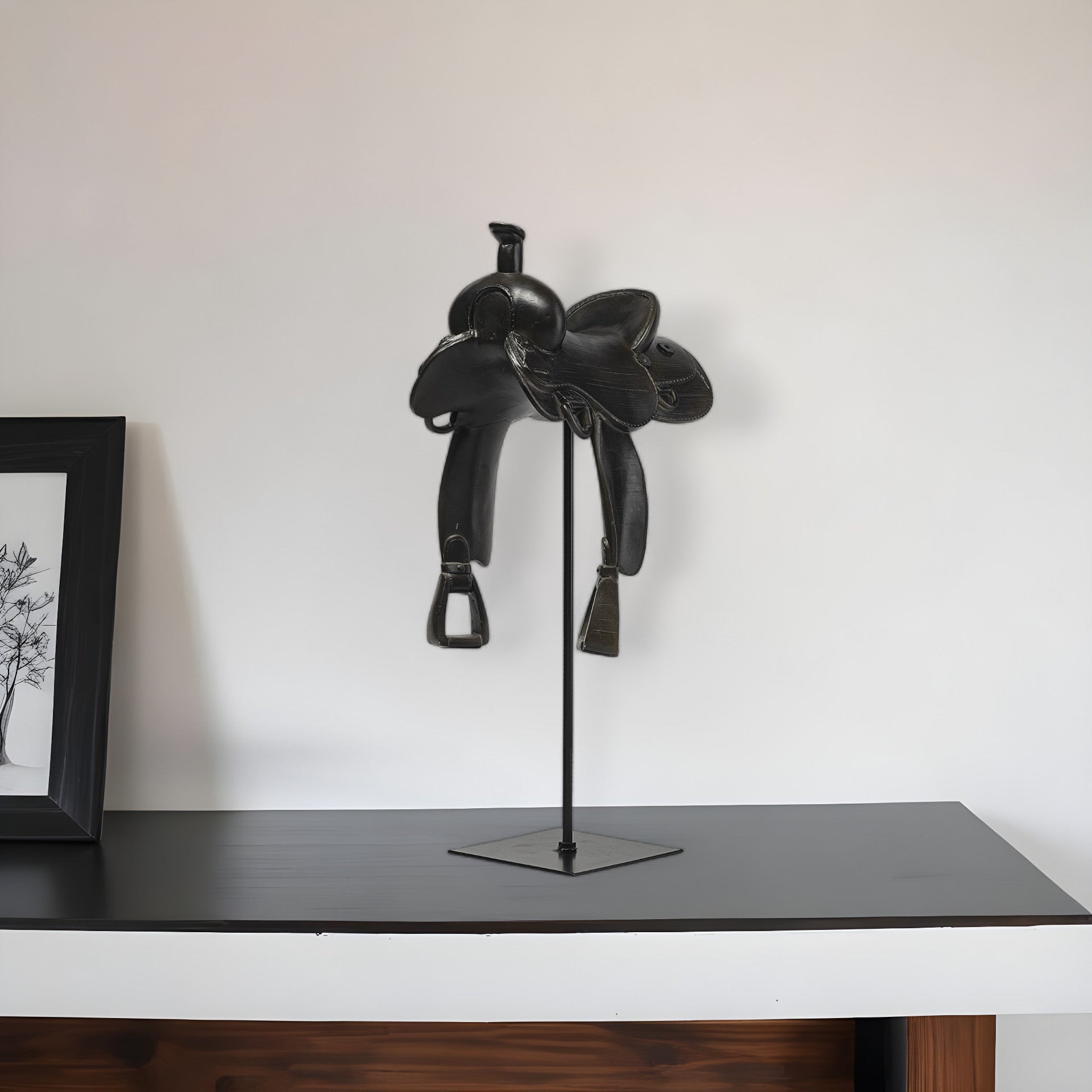 16" Black Metal and Resin Western Horse Saddle Tabletop Sculpture-Sculptures-DECOROLALA