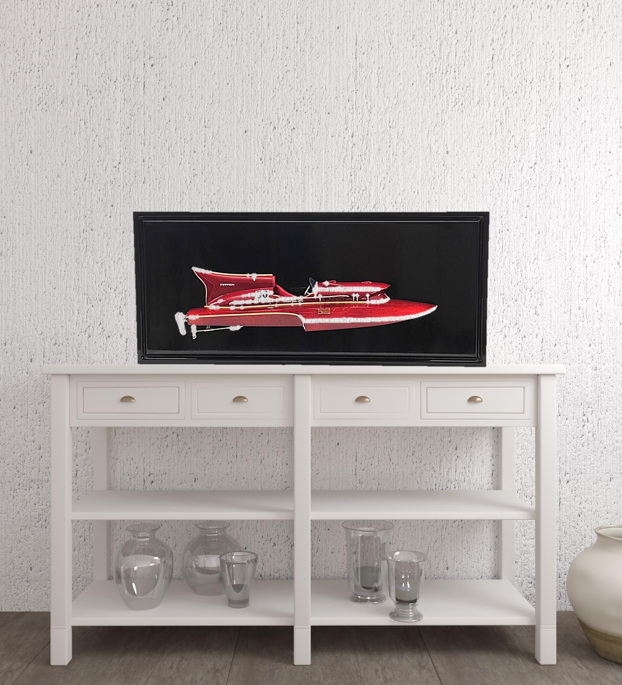 16" Black and Red Ferrari Hydroplane Half Hull Boat Hand Painted Decorative Boat-Sculptures-DECOROLALA