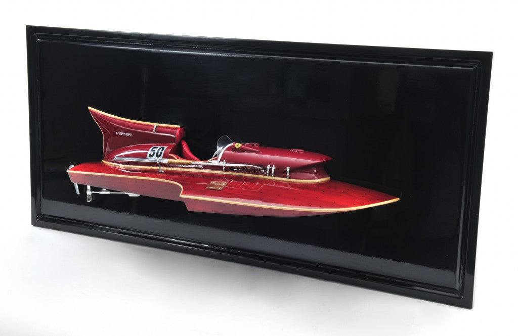 16" Black and Red Ferrari Hydroplane Half Hull Boat Hand Painted Decorative Boat-Sculptures-DECOROLALA