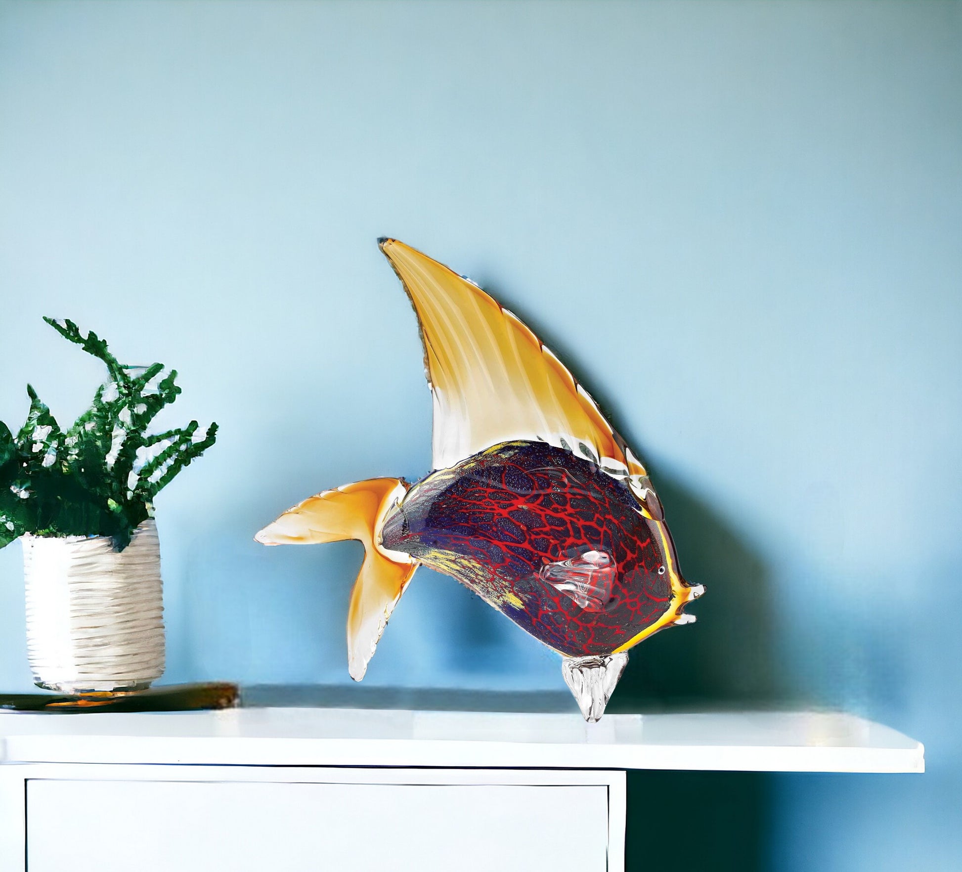 16" Black and Red Murano Glass Fish Figurine Tabletop Sculpture-Sculptures-DECOROLALA