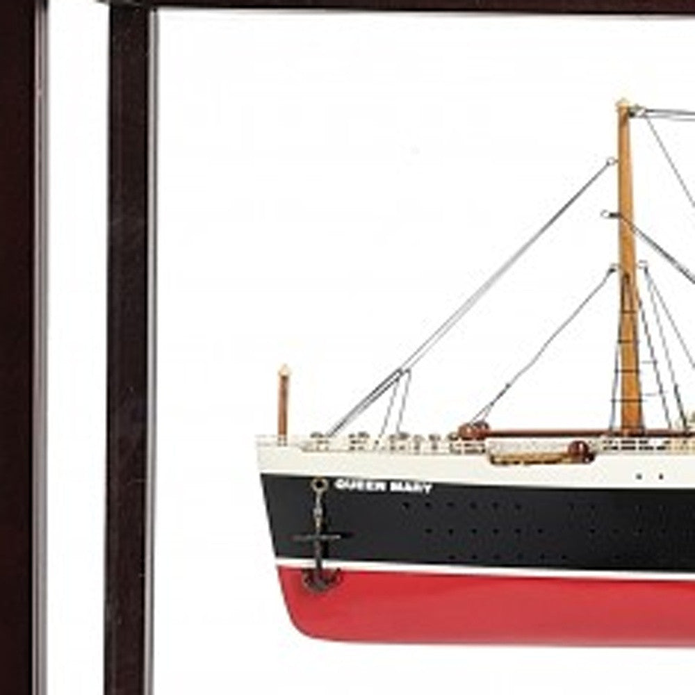 16" Black and Red Solid Wood Hand Painted RMS Queen Mary Medium Display Case Model Boat-Sculptures-DECOROLALA