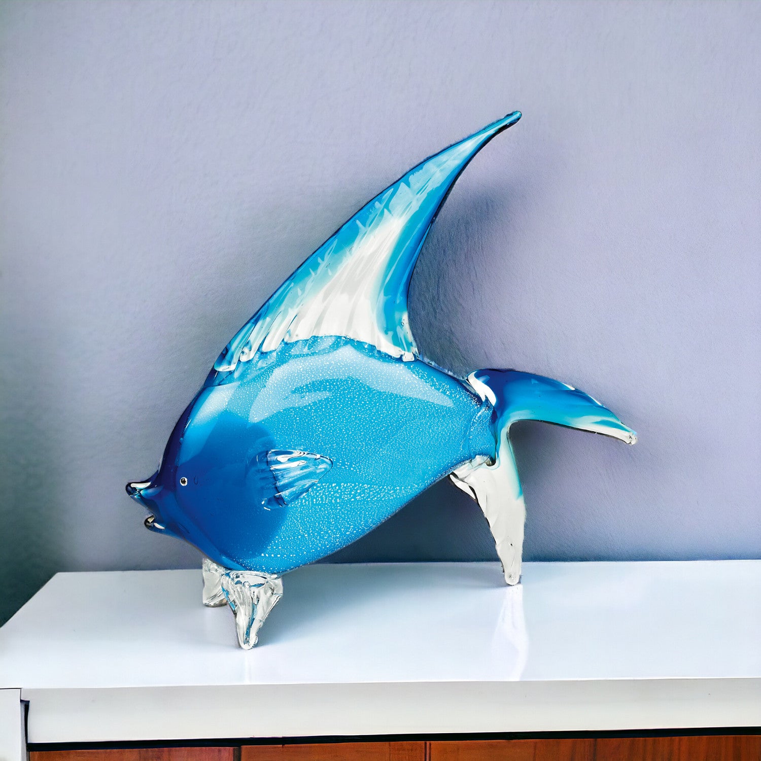 16" Blue Murano Glass Fish Figurine Tabletop Sculpture-Sculptures-DECOROLALA