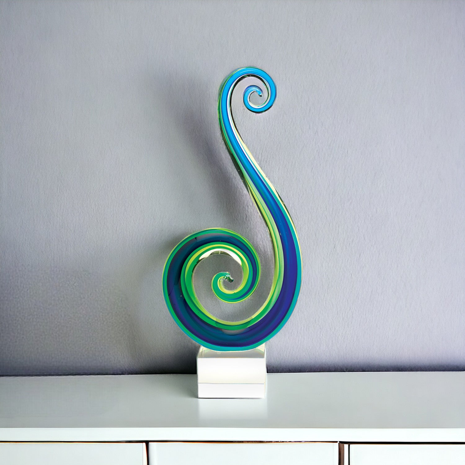 16" Blue and Green Murano Glass Modern Abstract Tabletop Sculpture-Sculptures-DECOROLALA