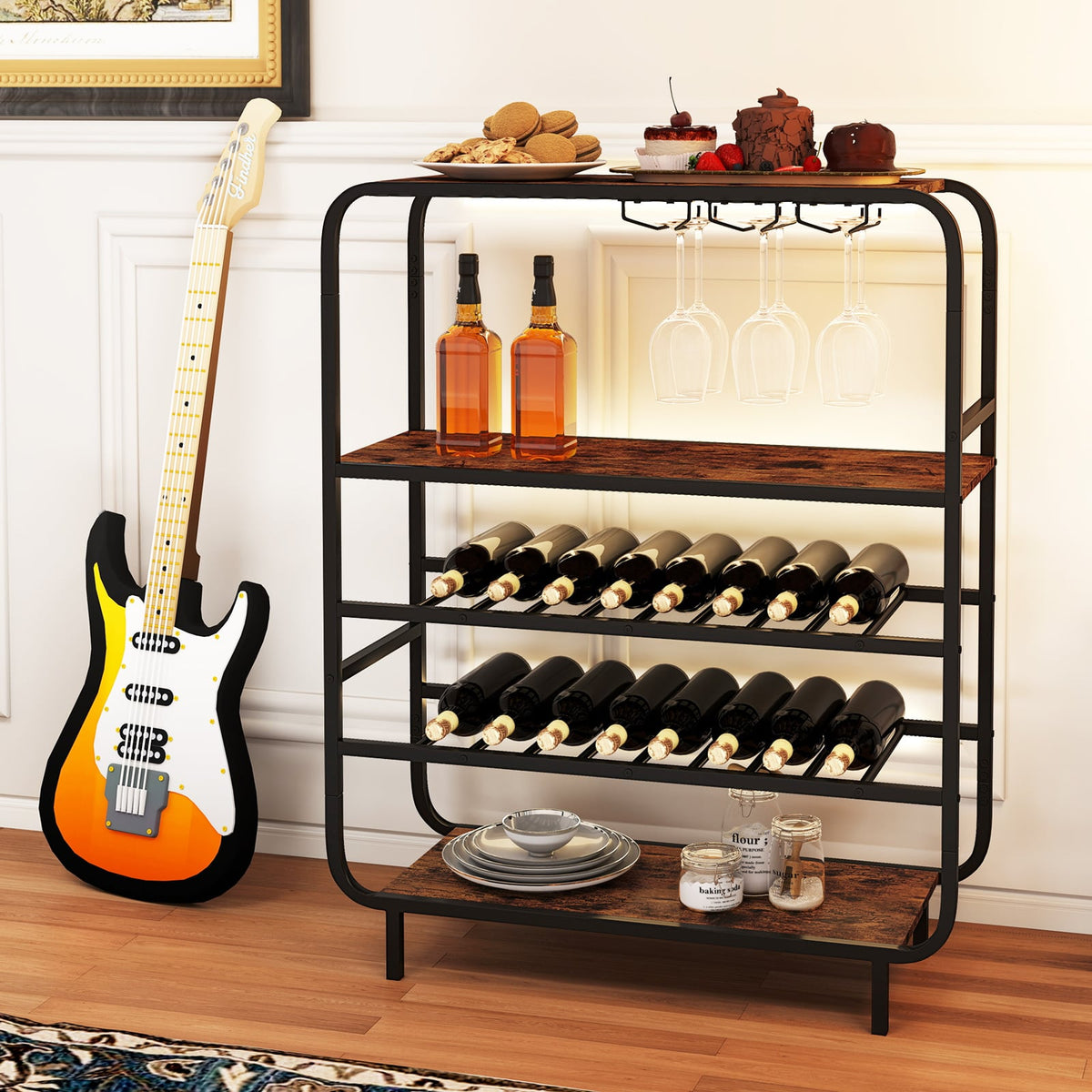 16 Bottle Wine Rack with 5-Tier Wine Shelf and Glass Holders for Kitchen Bar-Rustic Brown-Wine Racks-DECOROLALA