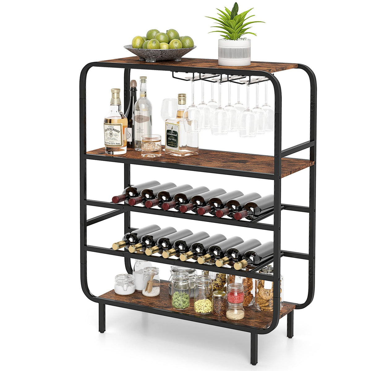16 Bottle Wine Rack with 5-Tier Wine Shelf and Glass Holders for Kitchen Bar-Rustic Brown-Wine Racks-DECOROLALA