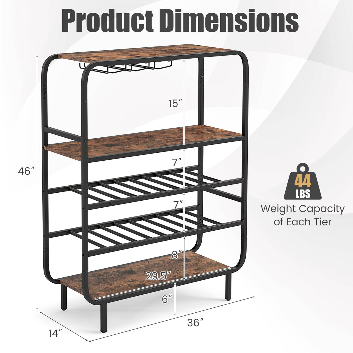 16 Bottle Wine Rack with 5-Tier Wine Shelf and Glass Holders for Kitchen Bar-Rustic Brown-Wine Racks-DECOROLALA