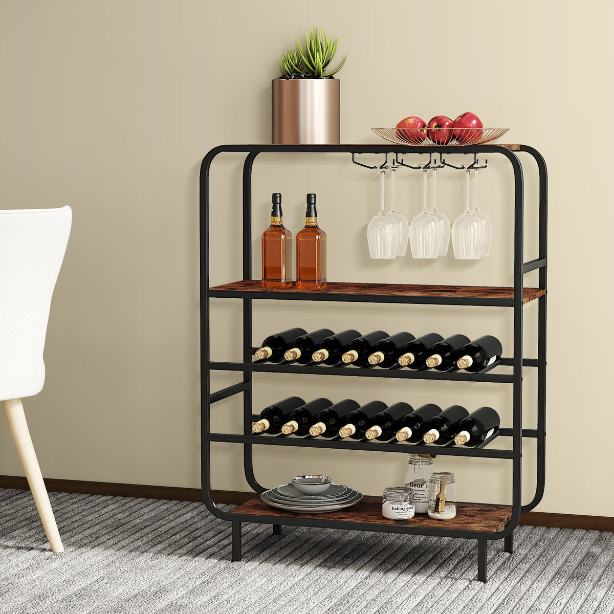 16 Bottle Wine Rack with 5-Tier Wine Shelf and Glass Holders for Kitchen Bar-Rustic Brown-Wine Racks-DECOROLALA