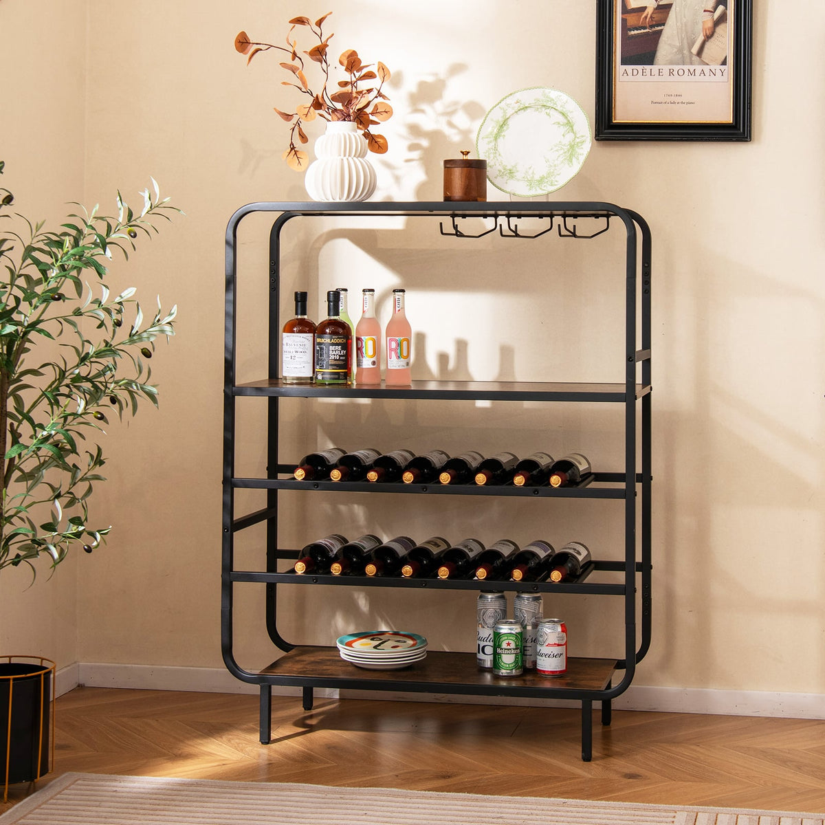 16 Bottle Wine Rack with 5-Tier Wine Shelf and Glass Holders for Kitchen Bar-Rustic Brown-Wine Racks-DECOROLALA