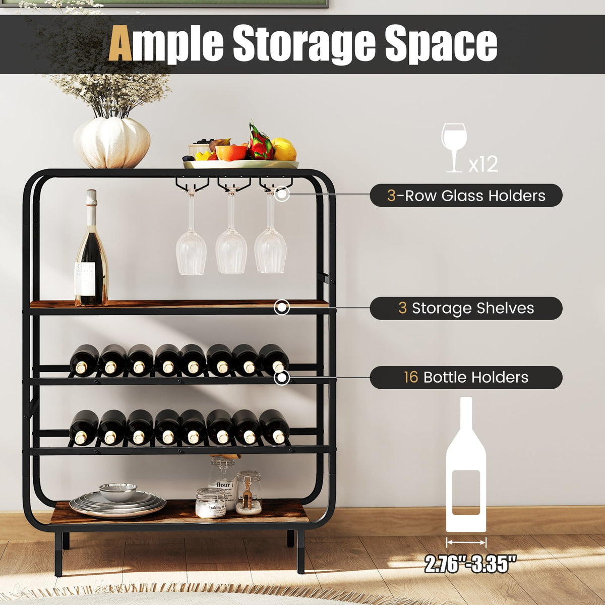 16 Bottle Wine Rack with 5-Tier Wine Shelf and Glass Holders for Kitchen Bar-Rustic Brown-Wine Racks-DECOROLALA