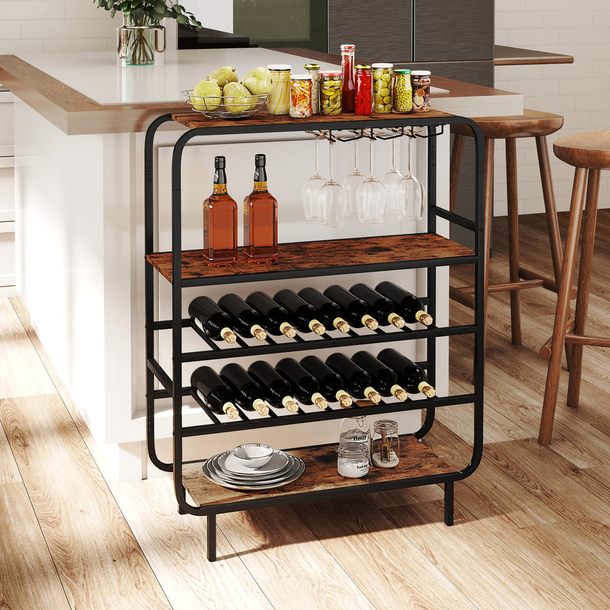 16 Bottle Wine Rack with 5-Tier Wine Shelf and Glass Holders for Kitchen Bar-Rustic Brown-Wine Racks-DECOROLALA