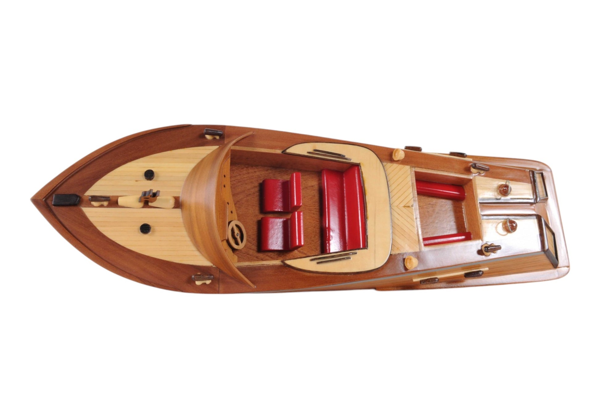 16" Brown Solid Wood Hand Painted Runabout Canoe Model Boat-Sculptures-DECOROLALA