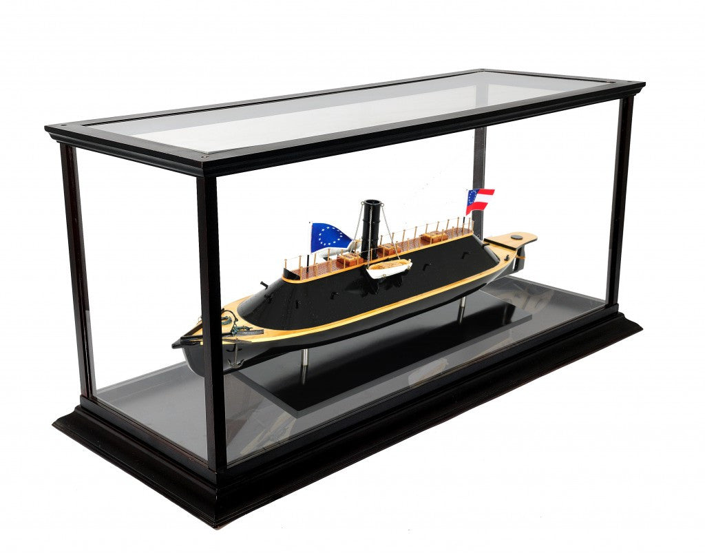 16" Brown and Black Solid Wood Hand Painted CSS Virginia Display Case Model Boat-Sculptures-DECOROLALA