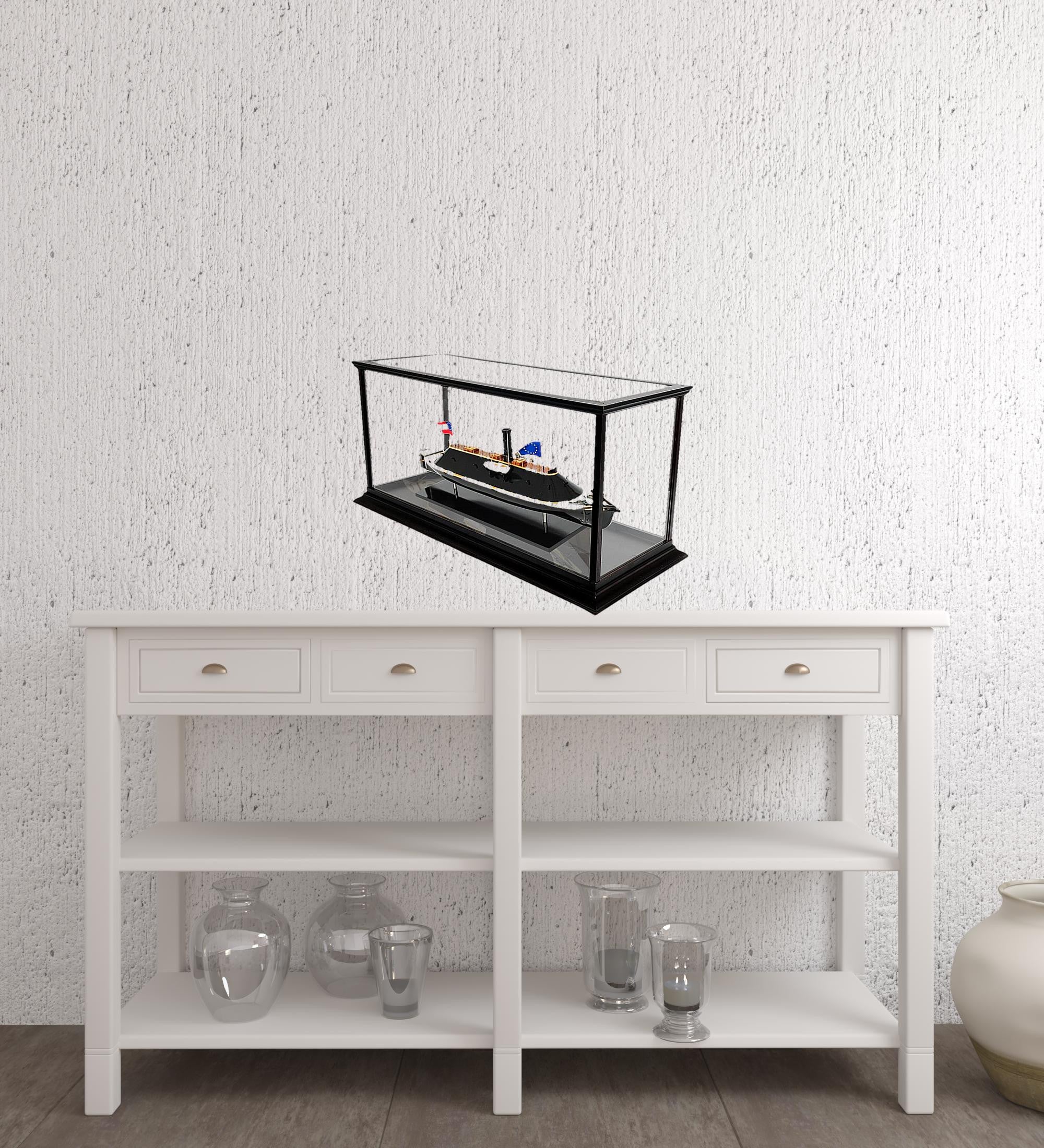 16" Brown and Black Solid Wood Hand Painted CSS Virginia Display Case Model Boat-Sculptures-DECOROLALA