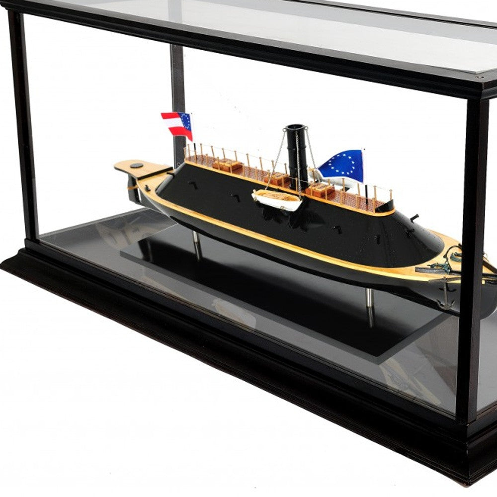 16" Brown and Black Solid Wood Hand Painted CSS Virginia Display Case Model Boat-Sculptures-DECOROLALA