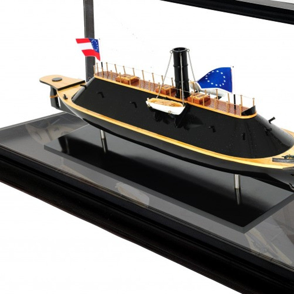 16" Brown and Black Solid Wood Hand Painted CSS Virginia Display Case Model Boat-Sculptures-DECOROLALA