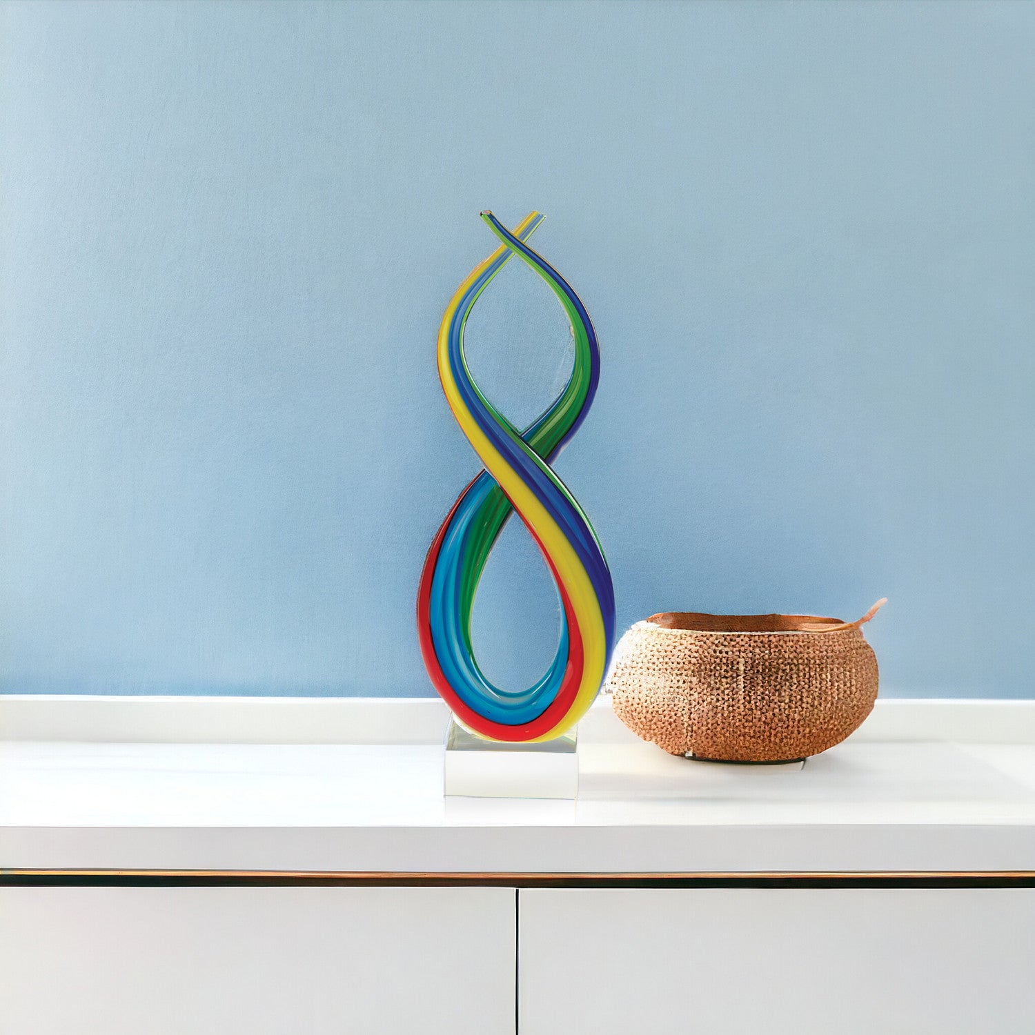 16" Clear Red Blue Yellow Murano Glass Modern Abstract Tabletop Sculpture-Sculptures-DECOROLALA