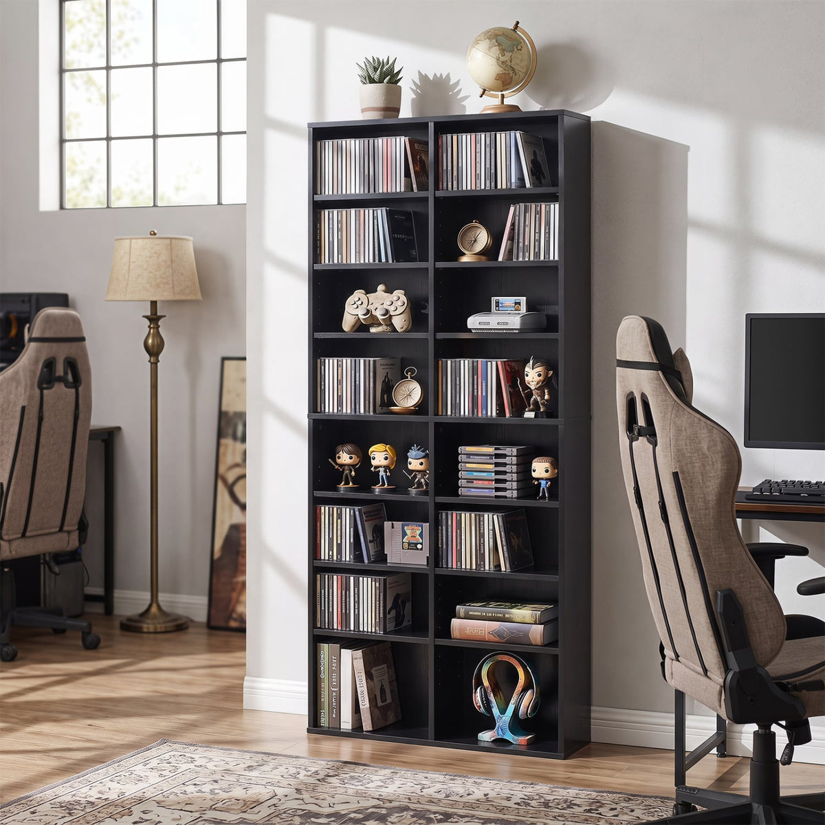 16 Compartment CD Storage Unit 54" Freestanding Open Display Shelf with 12 Removable Shelves-Black-Bookcases-DECOROLALA