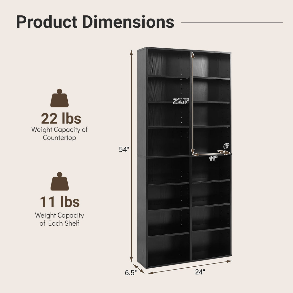 16 Compartment CD Storage Unit 54" Freestanding Open Display Shelf with 12 Removable Shelves-Black-Bookcases-DECOROLALA