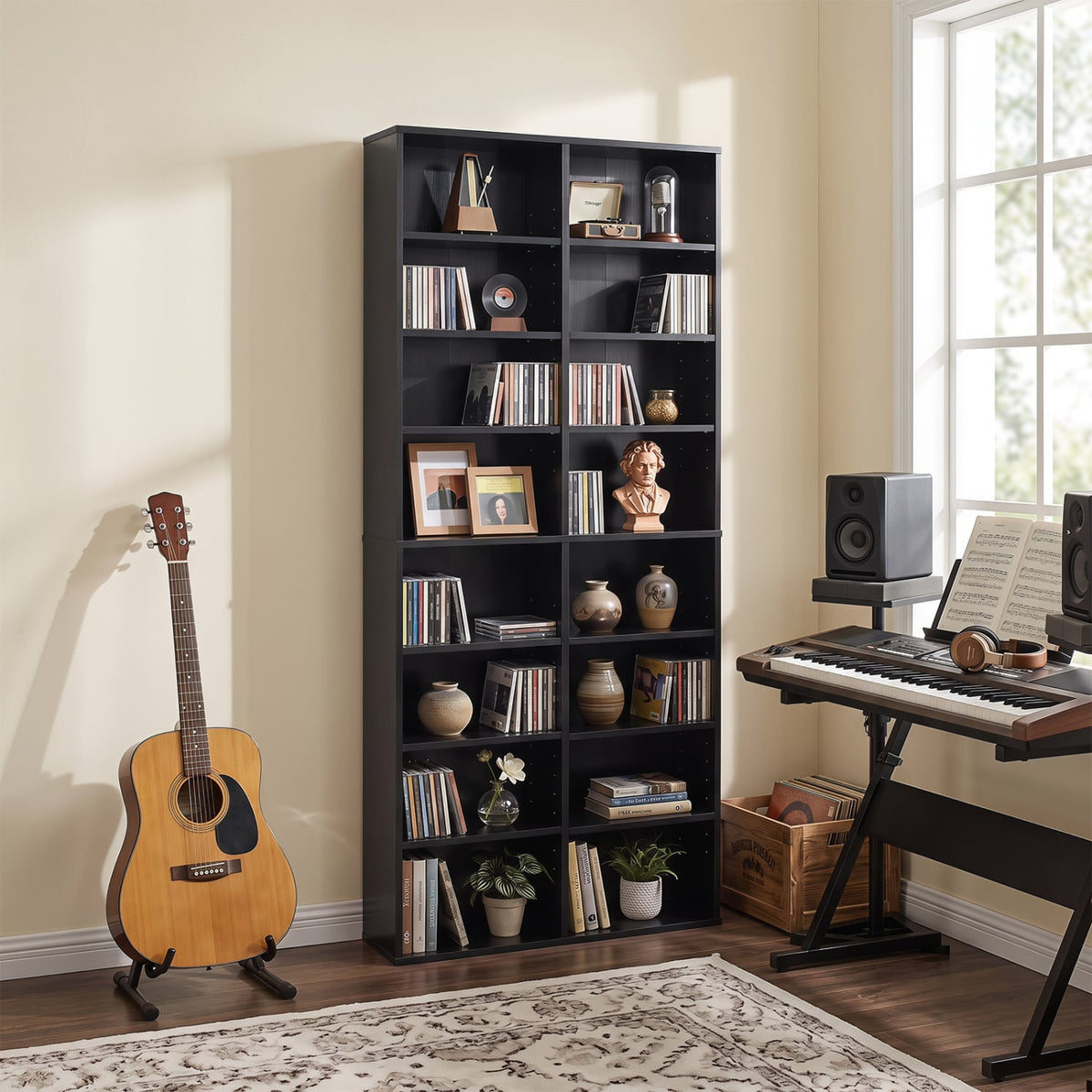16 Compartment CD Storage Unit 54" Freestanding Open Display Shelf with 12 Removable Shelves-Black-Bookcases-DECOROLALA