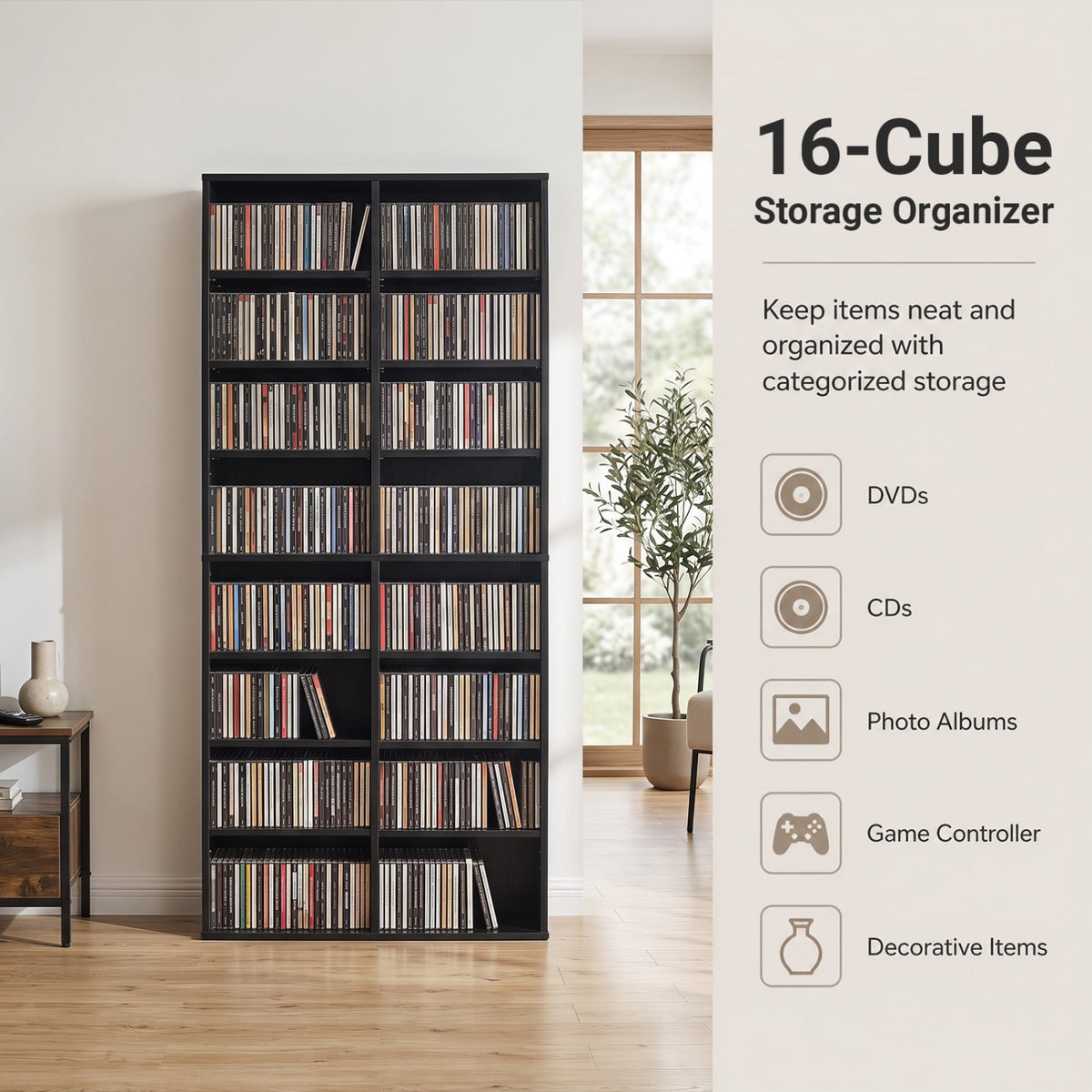 16 Compartment CD Storage Unit 54" Freestanding Open Display Shelf with 12 Removable Shelves-Black-Bookcases-DECOROLALA