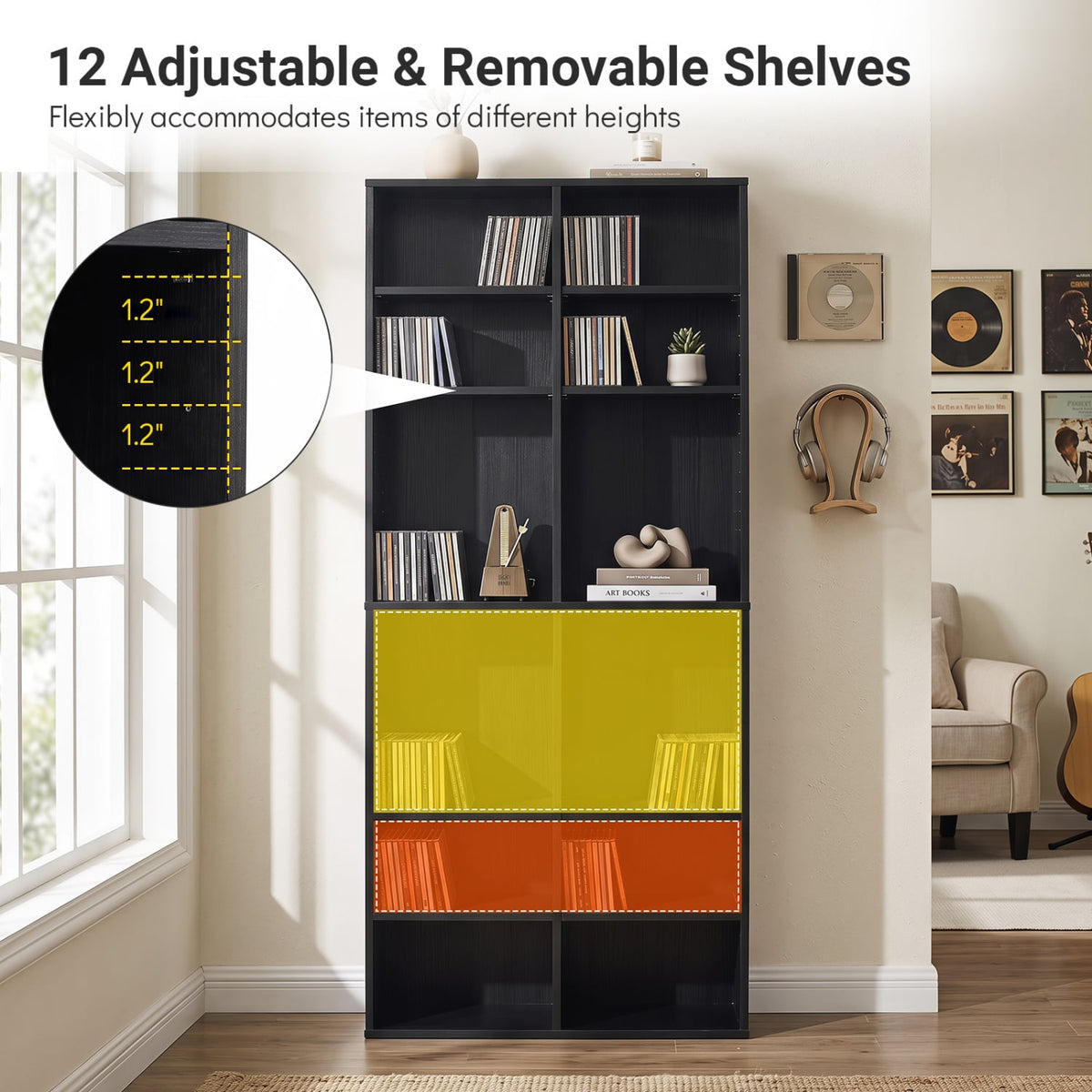16 Compartment CD Storage Unit 54" Freestanding Open Display Shelf with 12 Removable Shelves-Black-Bookcases-DECOROLALA