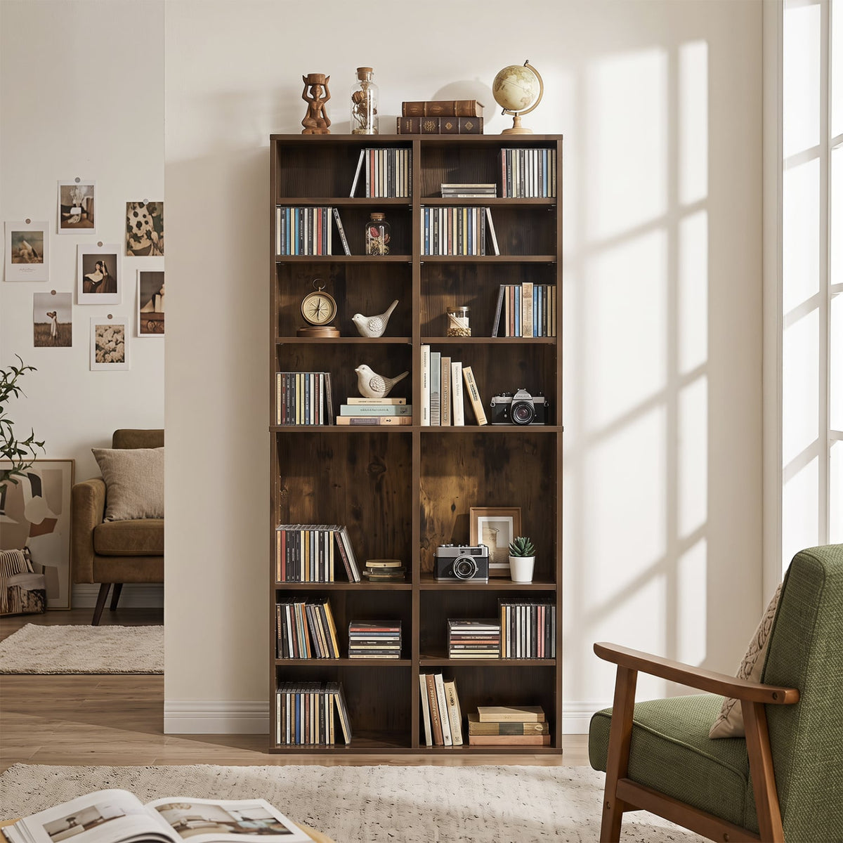 16 Compartment CD Storage Unit 54" Freestanding Open Display Shelf with 12 Removable Shelves-Brown-Bookcases-DECOROLALA