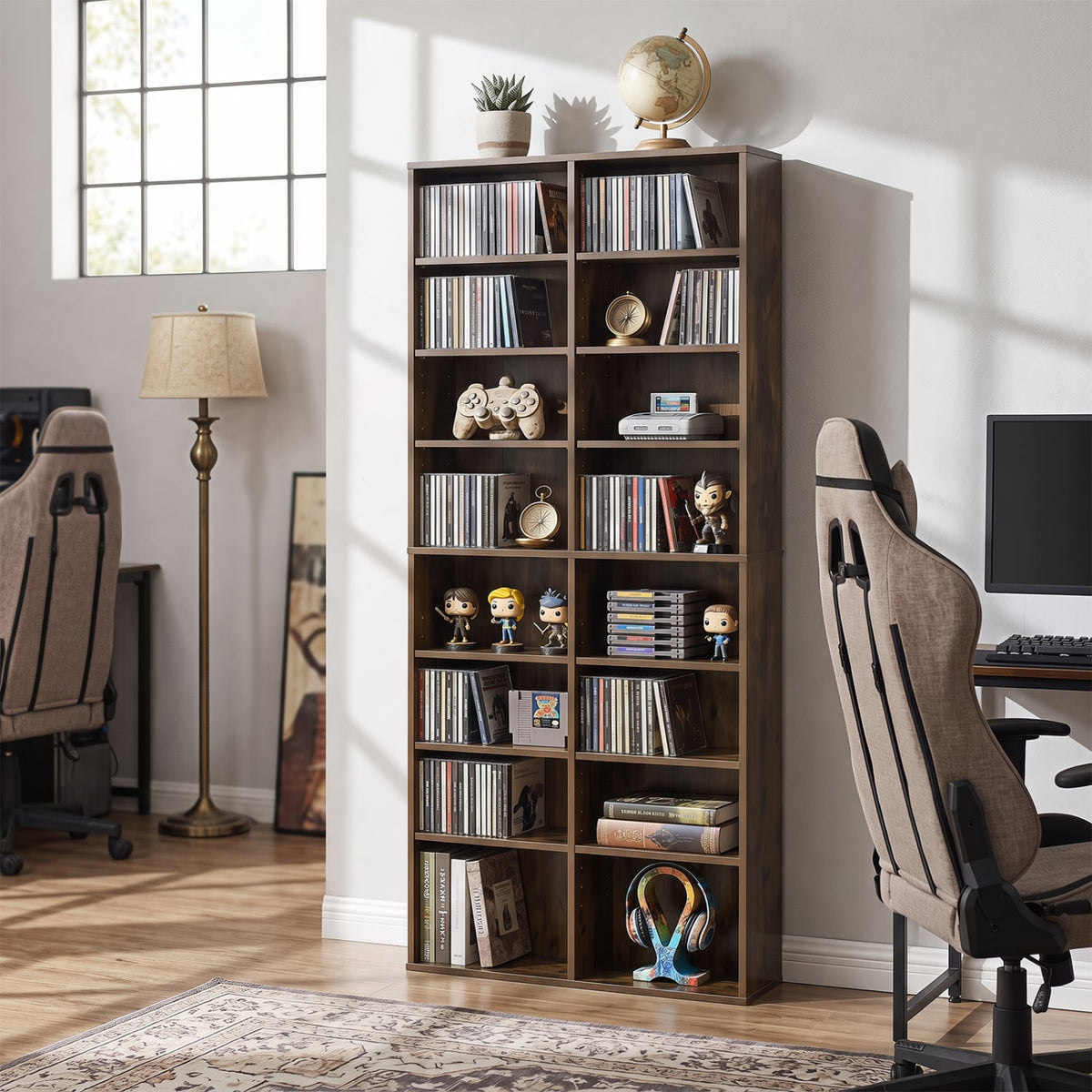 16 Compartment CD Storage Unit 54" Freestanding Open Display Shelf with 12 Removable Shelves-Brown-Bookcases-DECOROLALA
