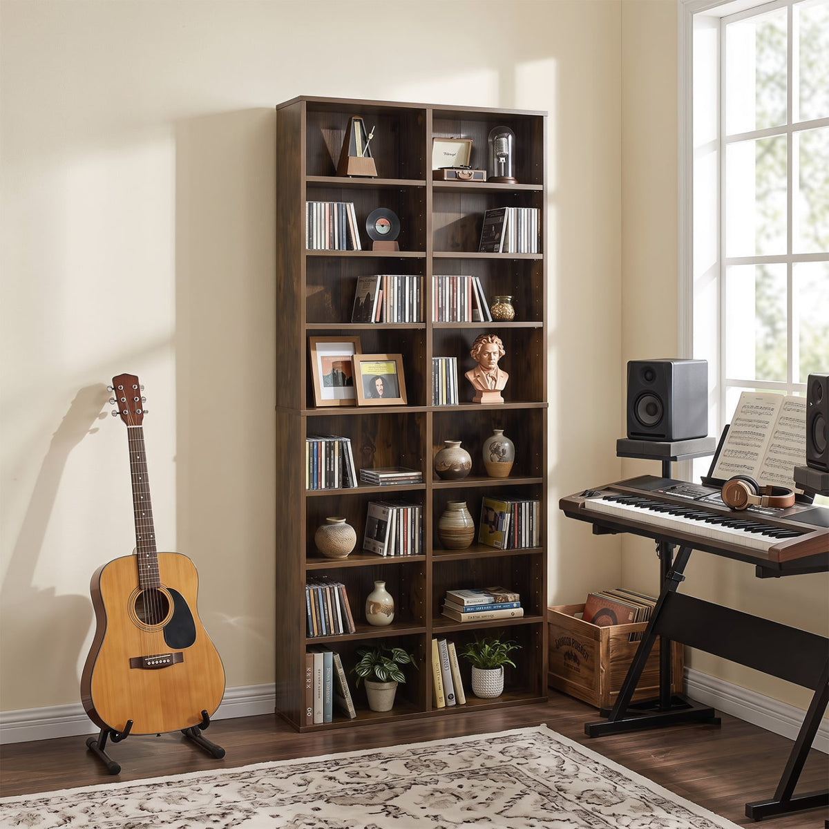 16 Compartment CD Storage Unit 54" Freestanding Open Display Shelf with 12 Removable Shelves-Brown-Bookcases-DECOROLALA