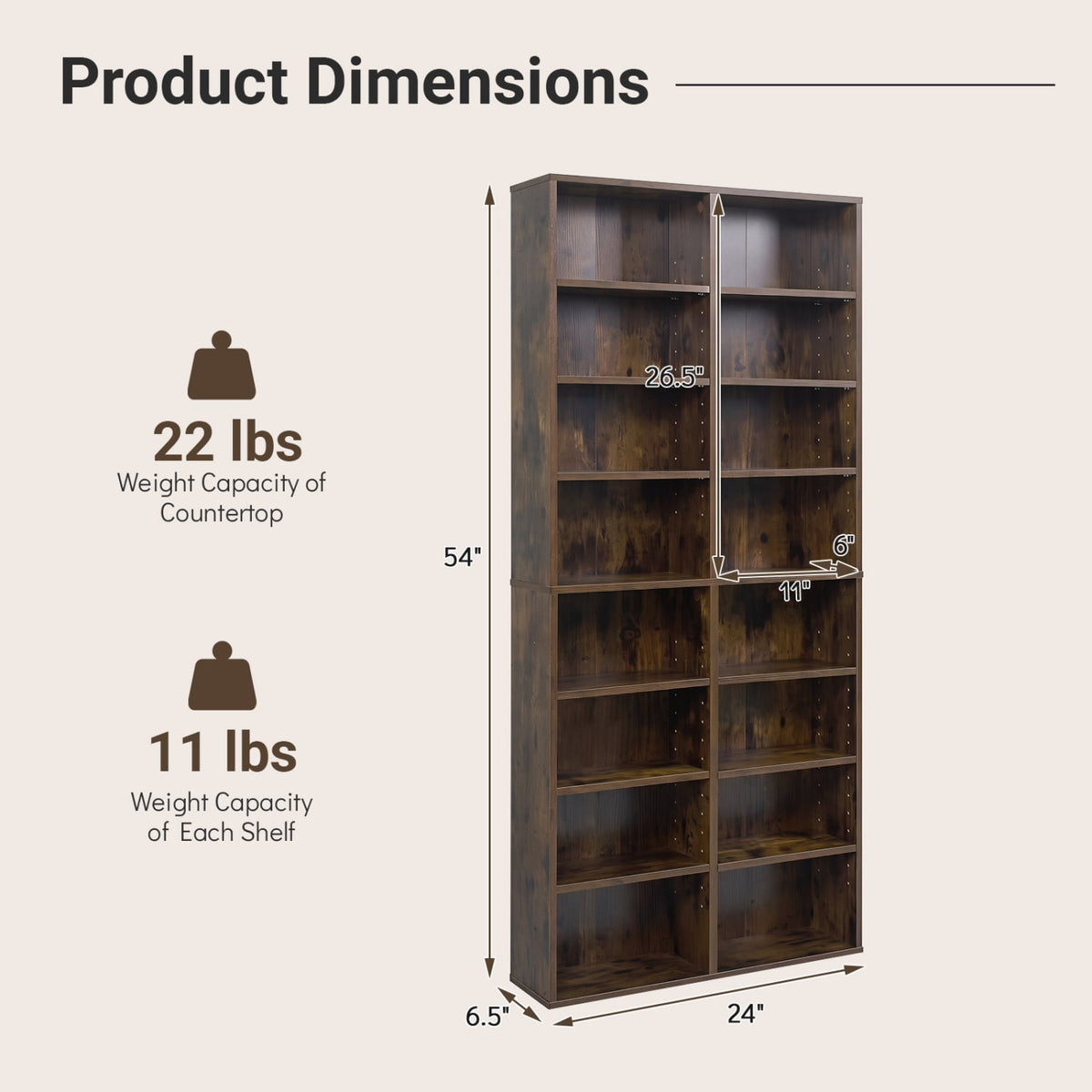 16 Compartment CD Storage Unit 54" Freestanding Open Display Shelf with 12 Removable Shelves-Brown-Bookcases-DECOROLALA