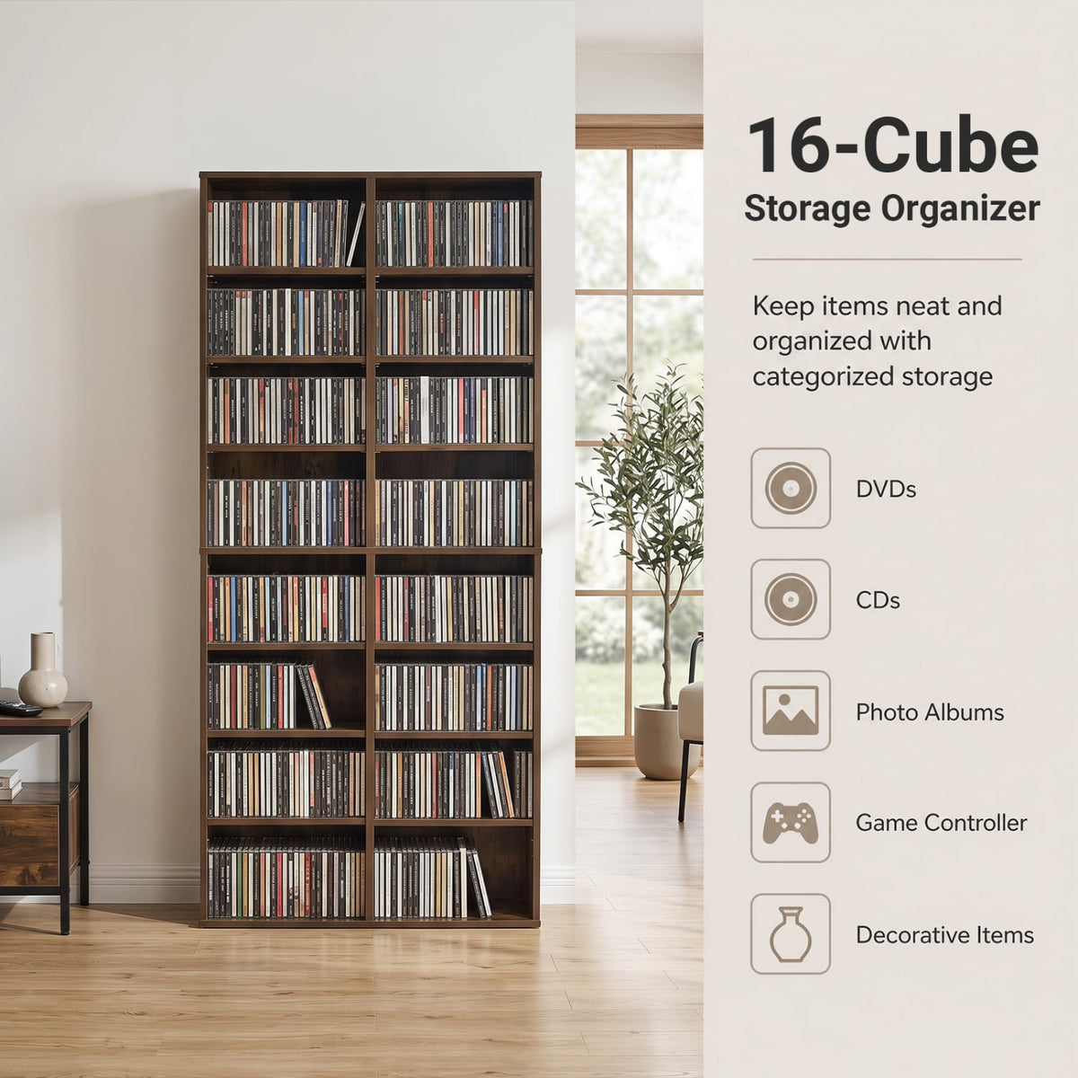 16 Compartment CD Storage Unit 54" Freestanding Open Display Shelf with 12 Removable Shelves-Brown-Bookcases-DECOROLALA