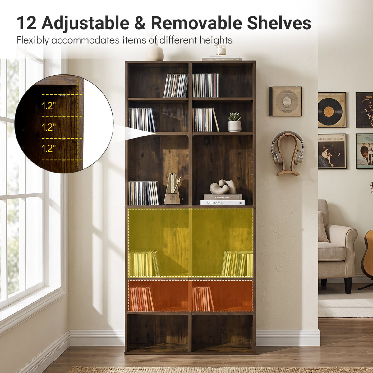 16 Compartment CD Storage Unit 54" Freestanding Open Display Shelf with 12 Removable Shelves-Brown-Bookcases-DECOROLALA