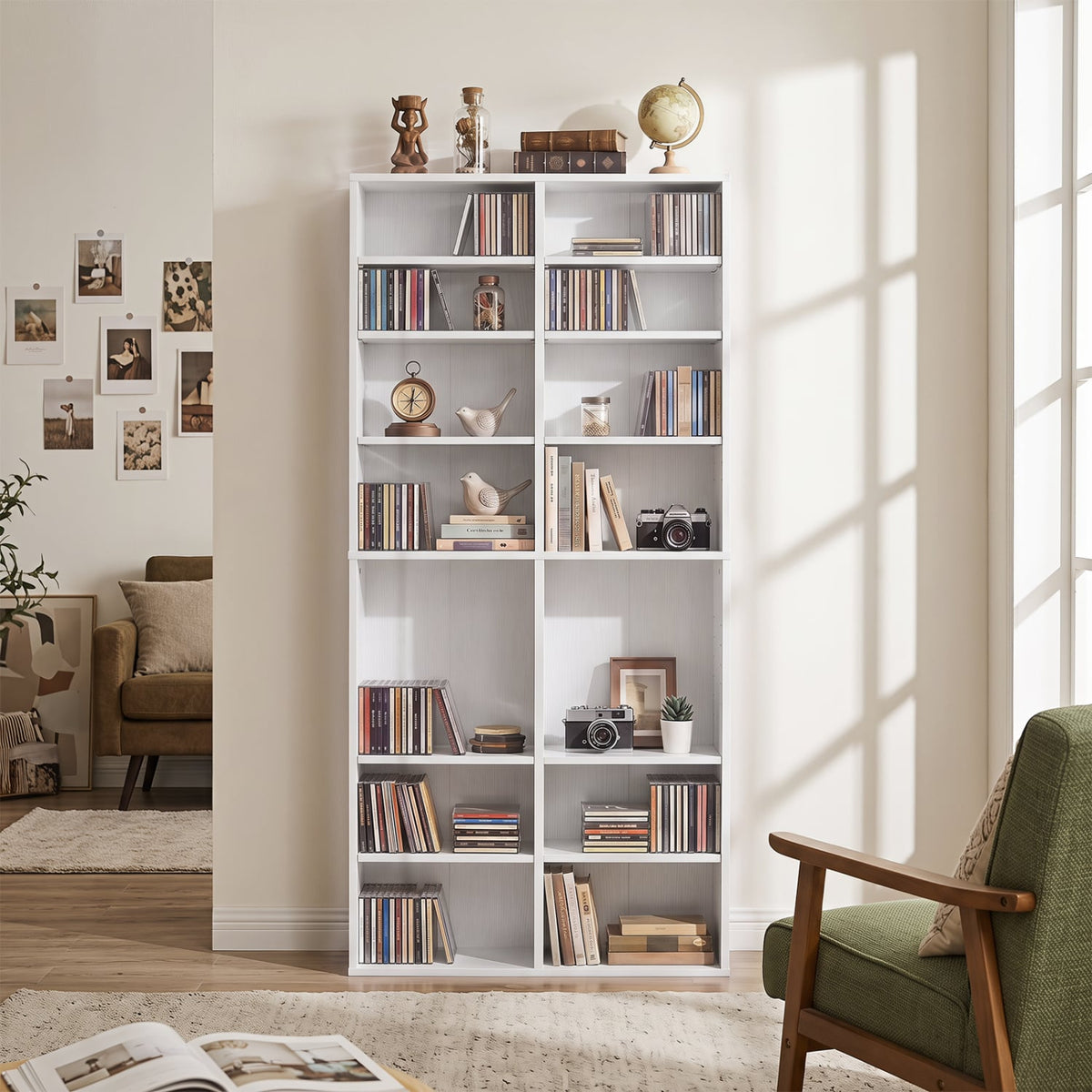 16 Compartment CD Storage Unit 54" Freestanding Open Display Shelf with 12 Removable Shelves-White-Bookcases-DECOROLALA
