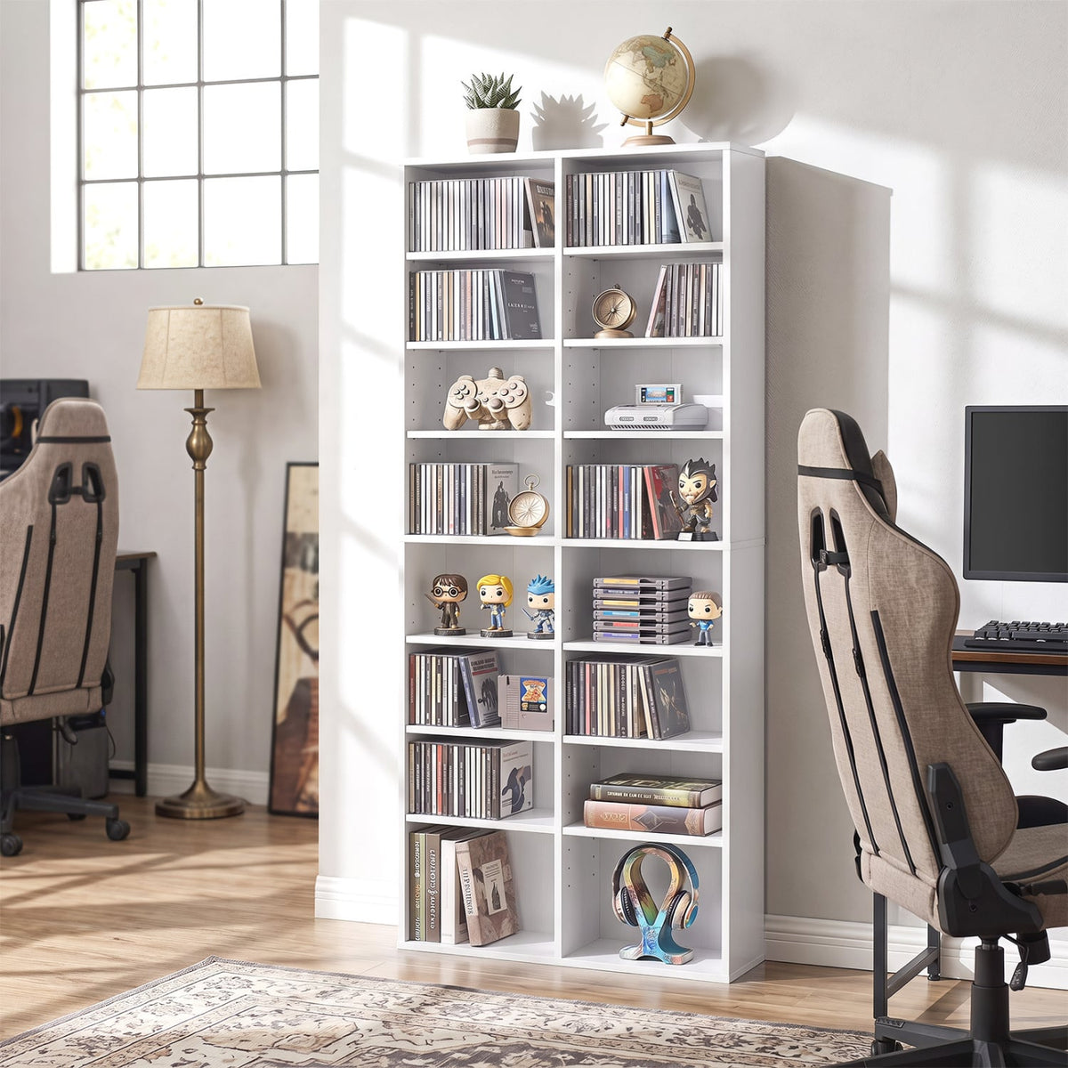 16 Compartment CD Storage Unit 54" Freestanding Open Display Shelf with 12 Removable Shelves-White-Bookcases-DECOROLALA