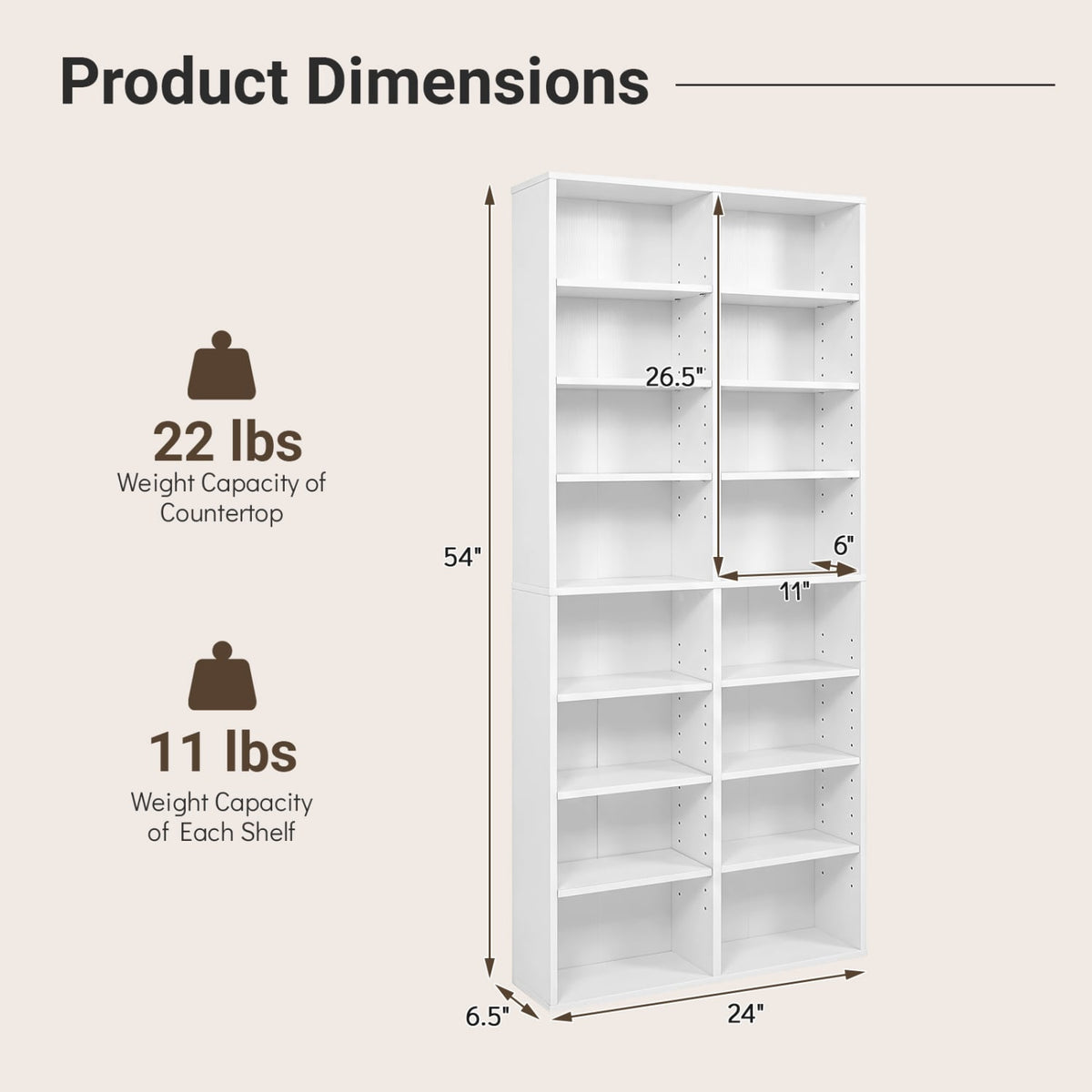 16 Compartment CD Storage Unit 54" Freestanding Open Display Shelf with 12 Removable Shelves-White-Bookcases-DECOROLALA